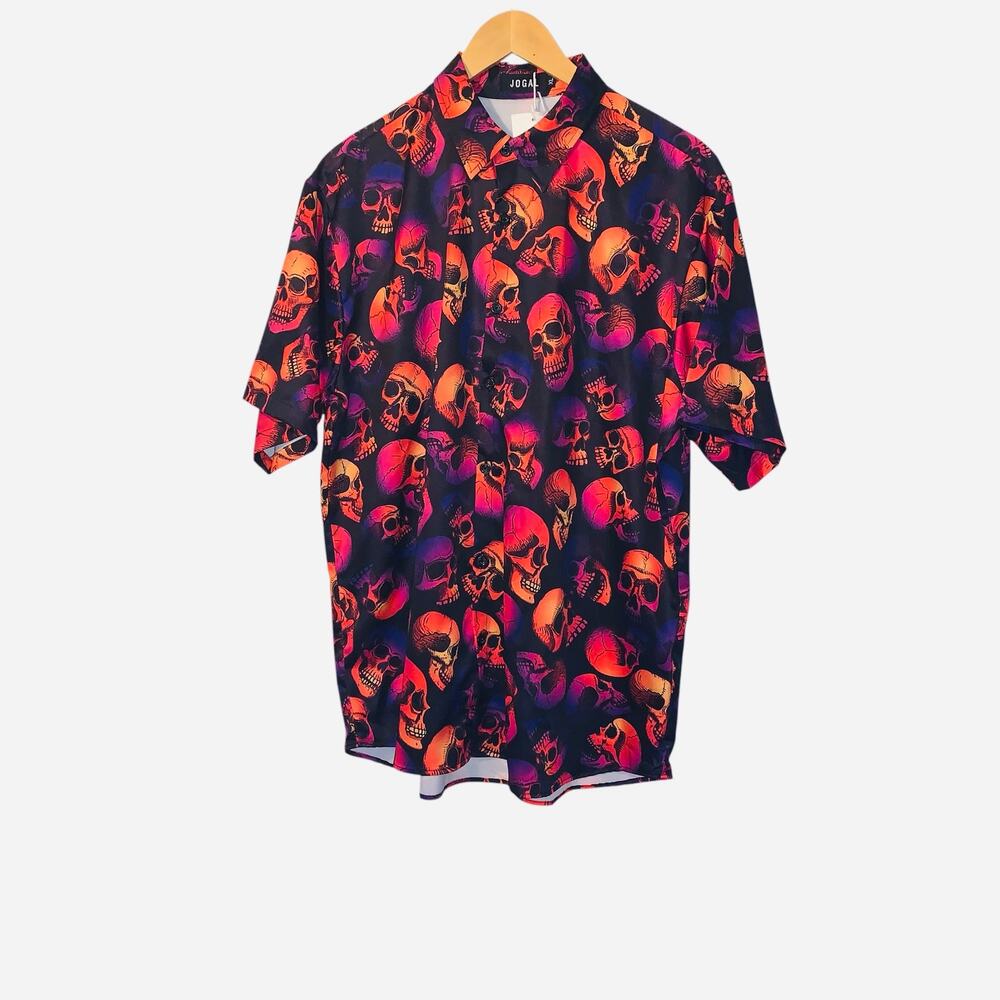 JOGAL Men's Skull Short Sleeve Button Down Shirt Sz XL